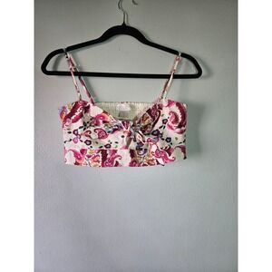 Caroline Constas Floral Linen‎ Blend Tie Front Crop Top S